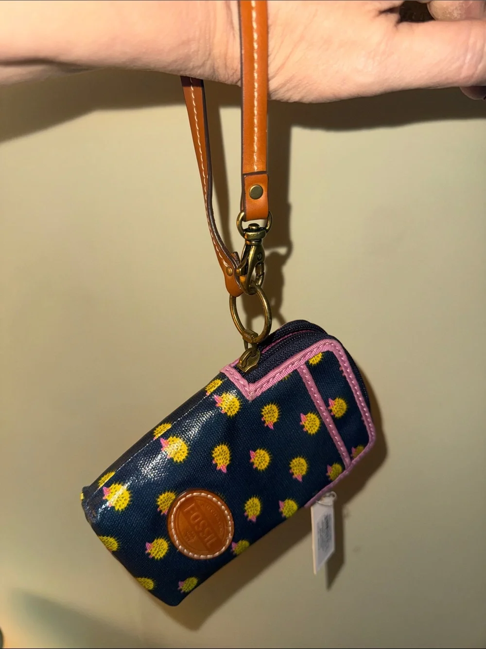 Retired Fossil Navy Phone Wristlet with Yellow Hedgehog Print and Pink Trim